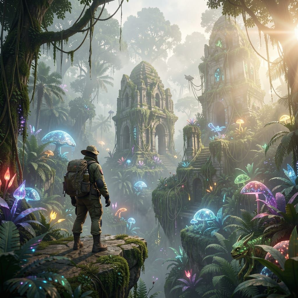 Explorer Discovers Alien Jungle with Bioluminescent Life