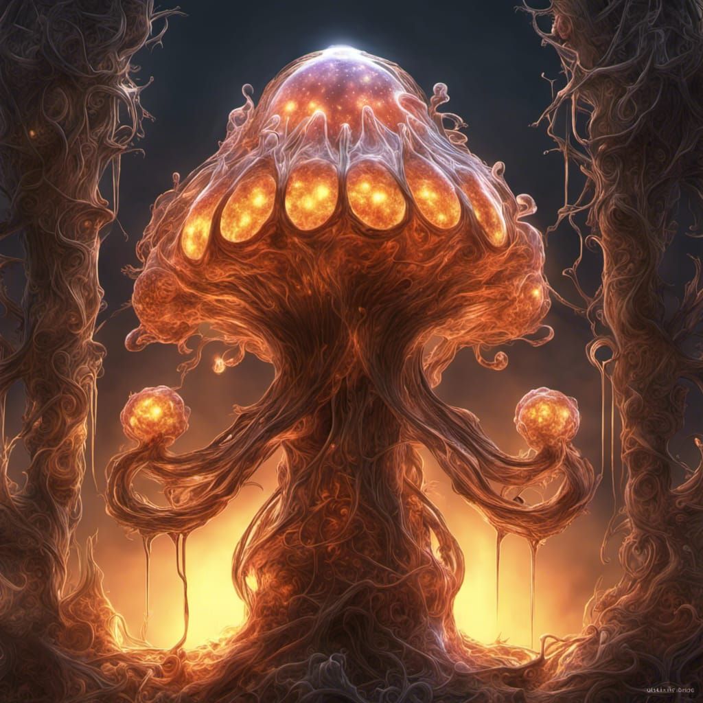 Biouminescent Golem Creature in a Fractal Mushroom Landscape