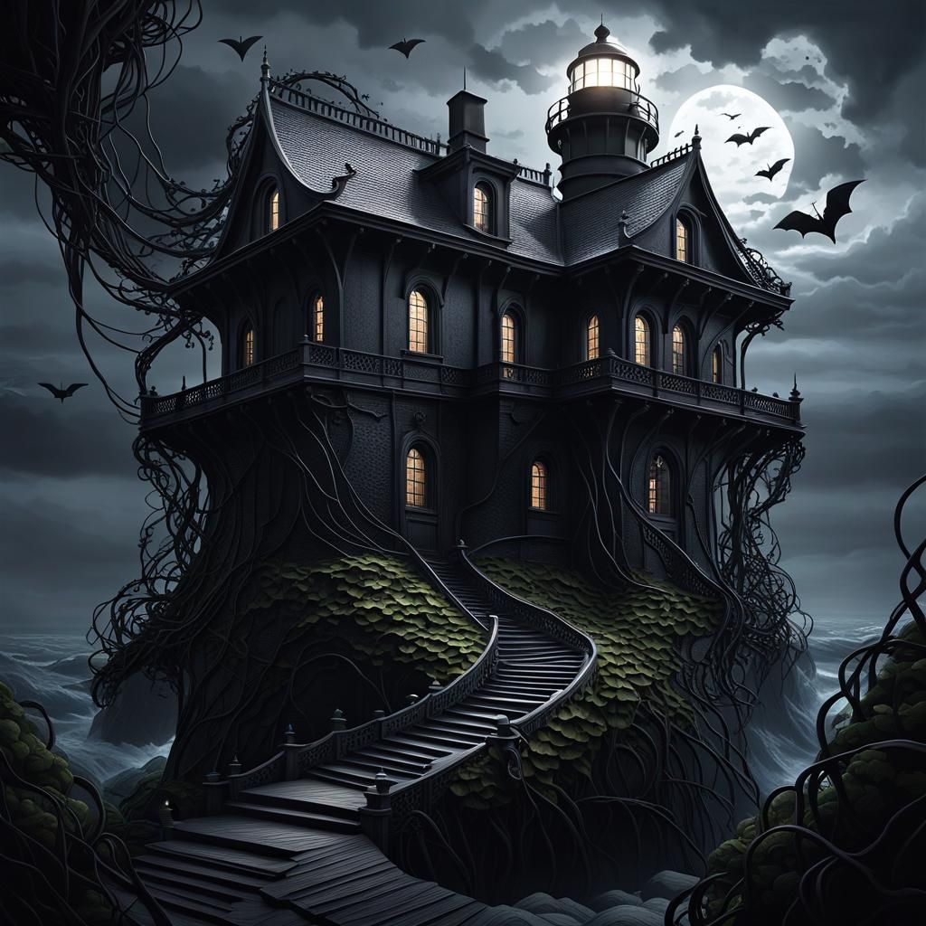 Sinister Black Lighthouse in Gloomy, Creepy Setting