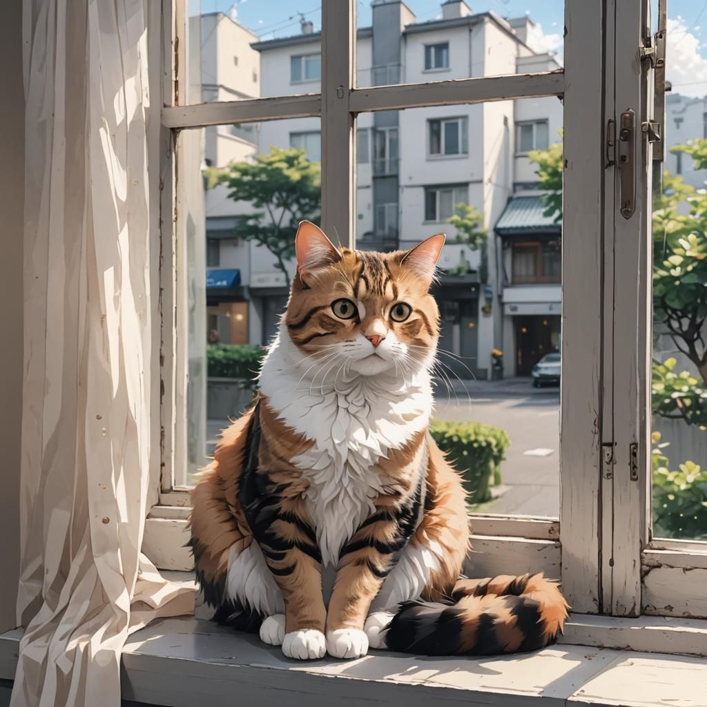 Cute Anime Cat on Window Sill