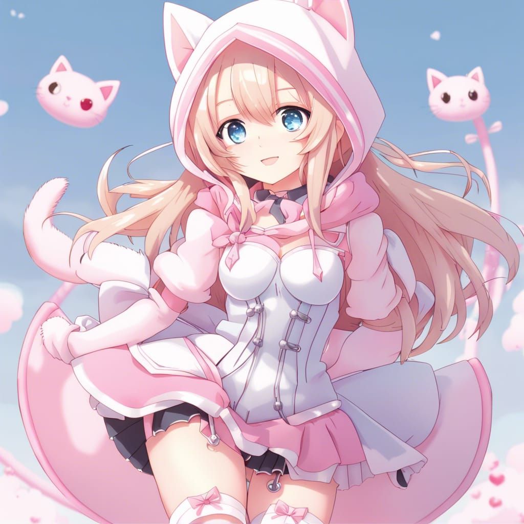 Anime Girl with Cat Ears in Pink Corset