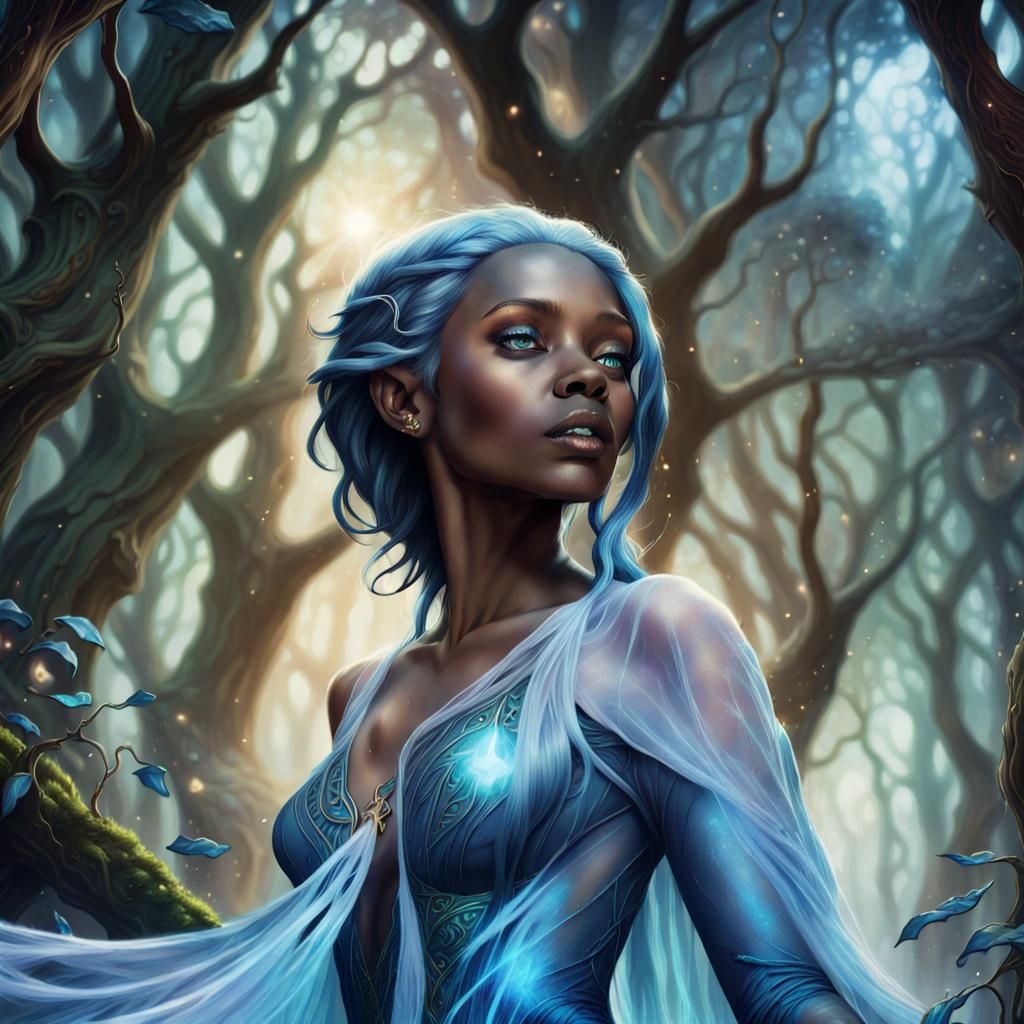 Blue-Haired Sorceress Casts Spell in Mystical Forest