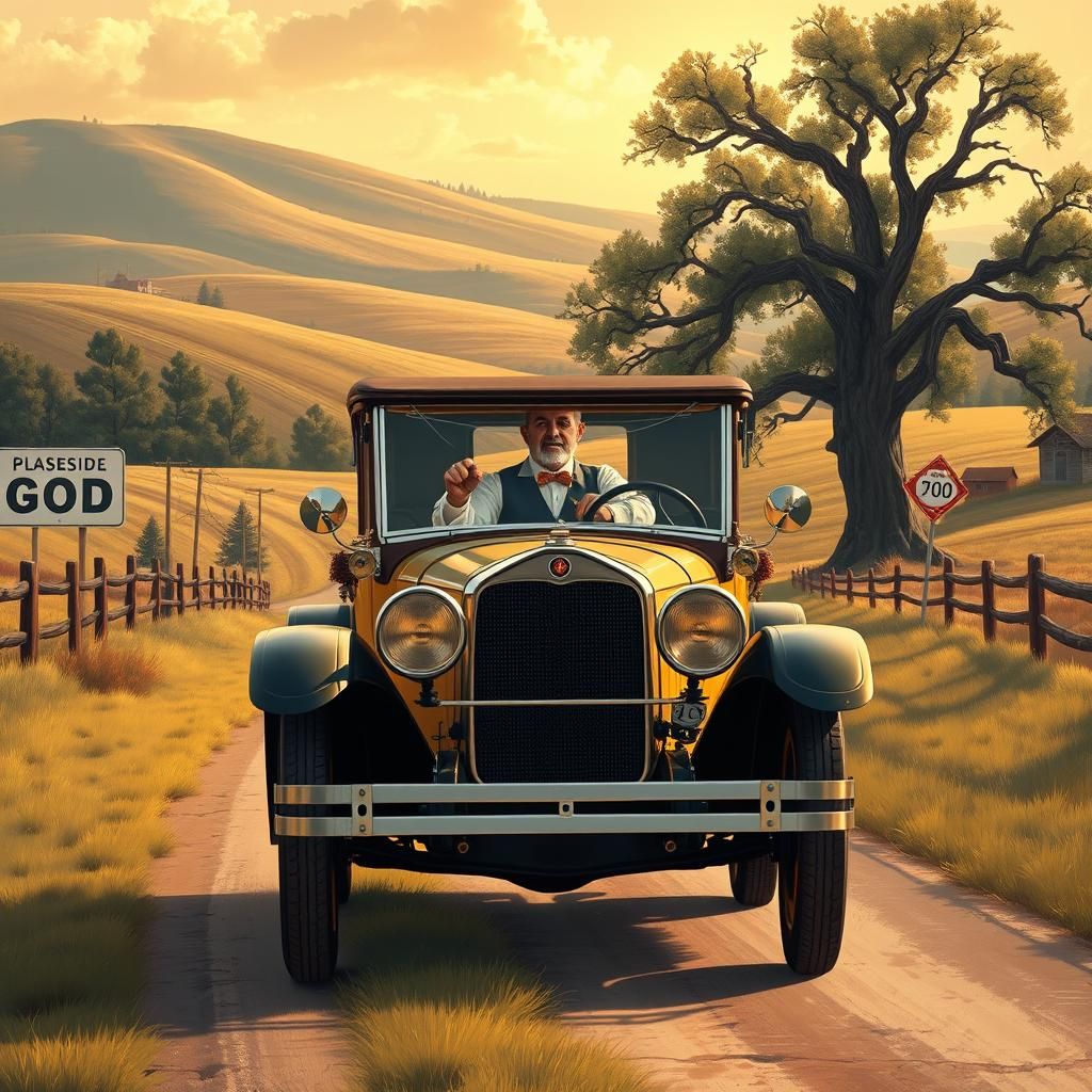God Drives a Vintage Car in Americana Style