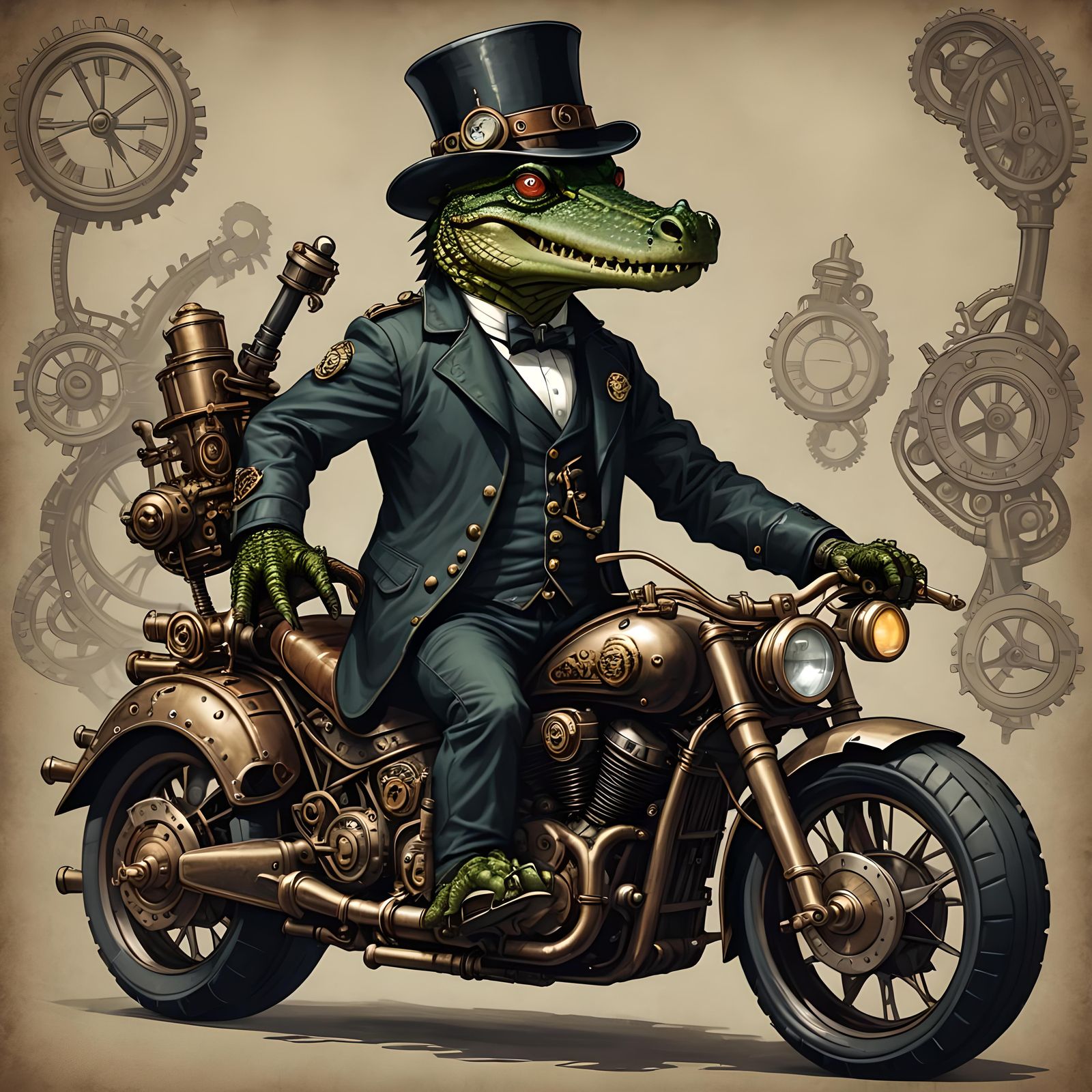 Steampunk Crocodile on Motorcycle with Top Hat