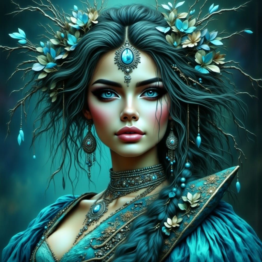 Alien Goddess with Lavender Eyes, Expressionist Oil Painting