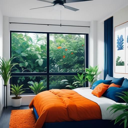 Modern Bedroom in Orange and Blue with Bokeh