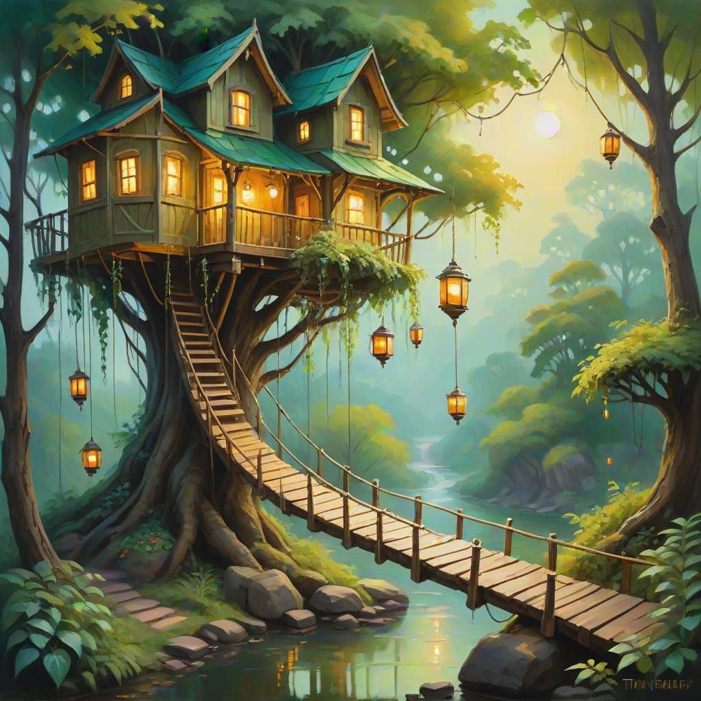 Dreamy Treehouse Landscape in Whimsical Oil Painting Style