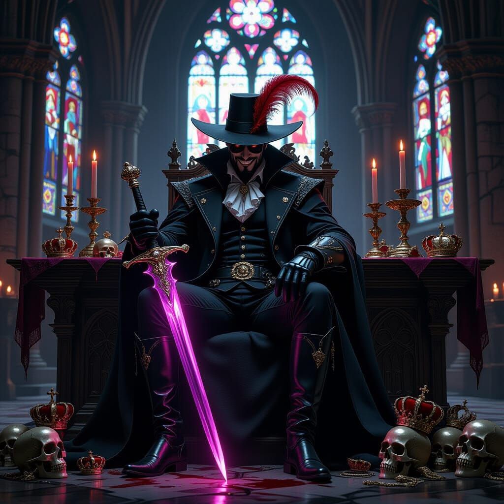 Sinister Villain on Gothic Altar with Glowing Rapier