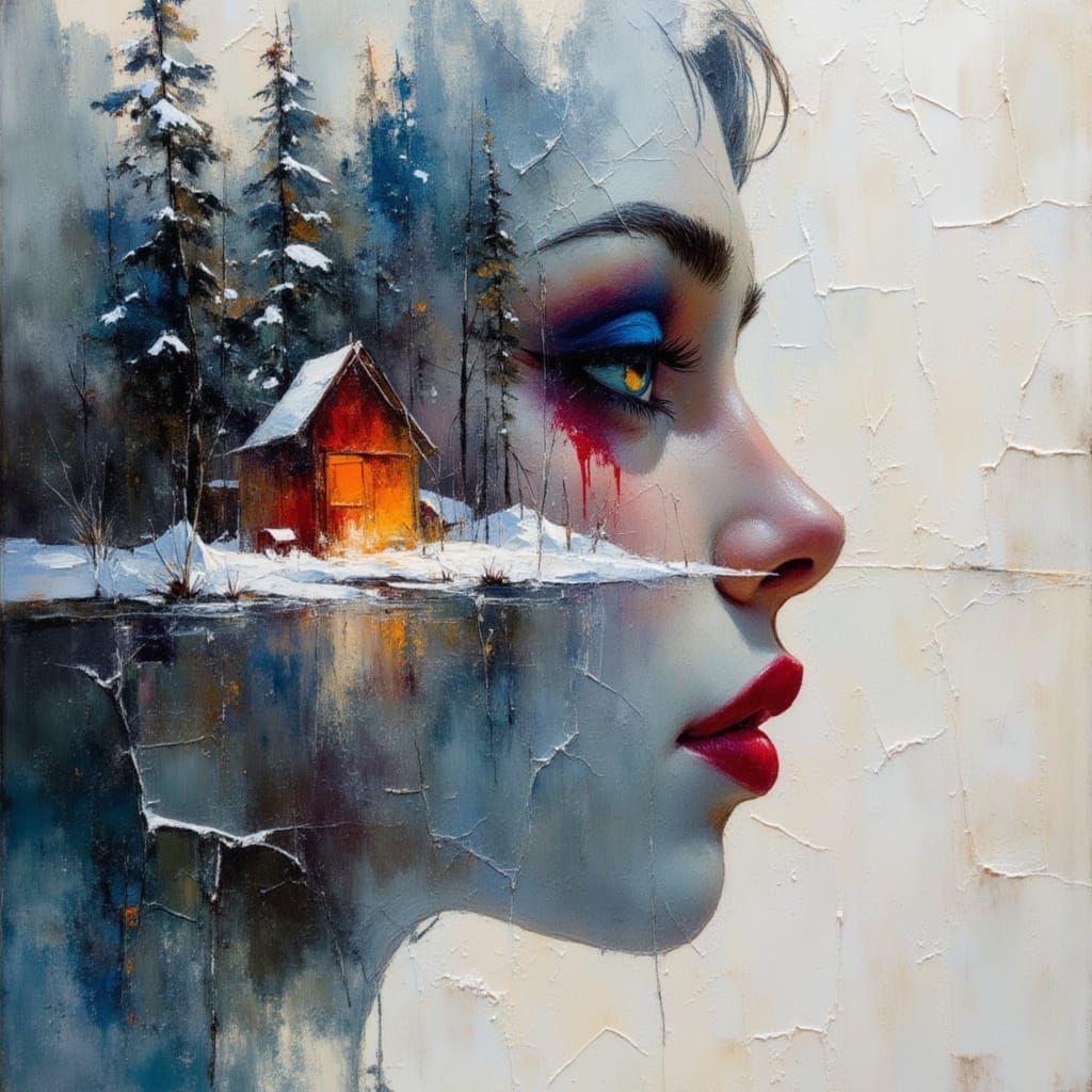 Double Exposure Woman in Winter Landscape - Oil Painting