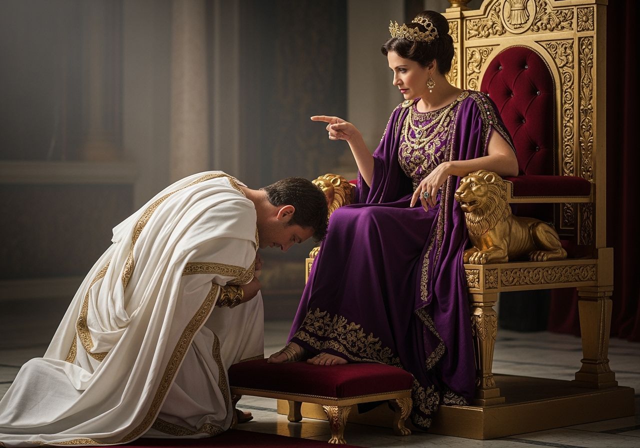 Roman Senator Kneels Before Empress on Golden Throne