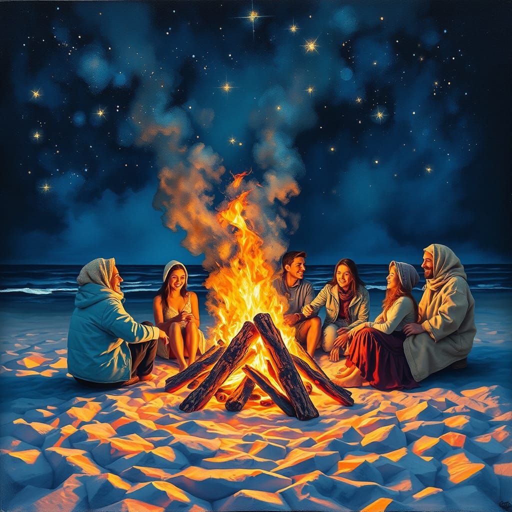 Beach Bonfire with Friends: Gouache Charcoal Drawing