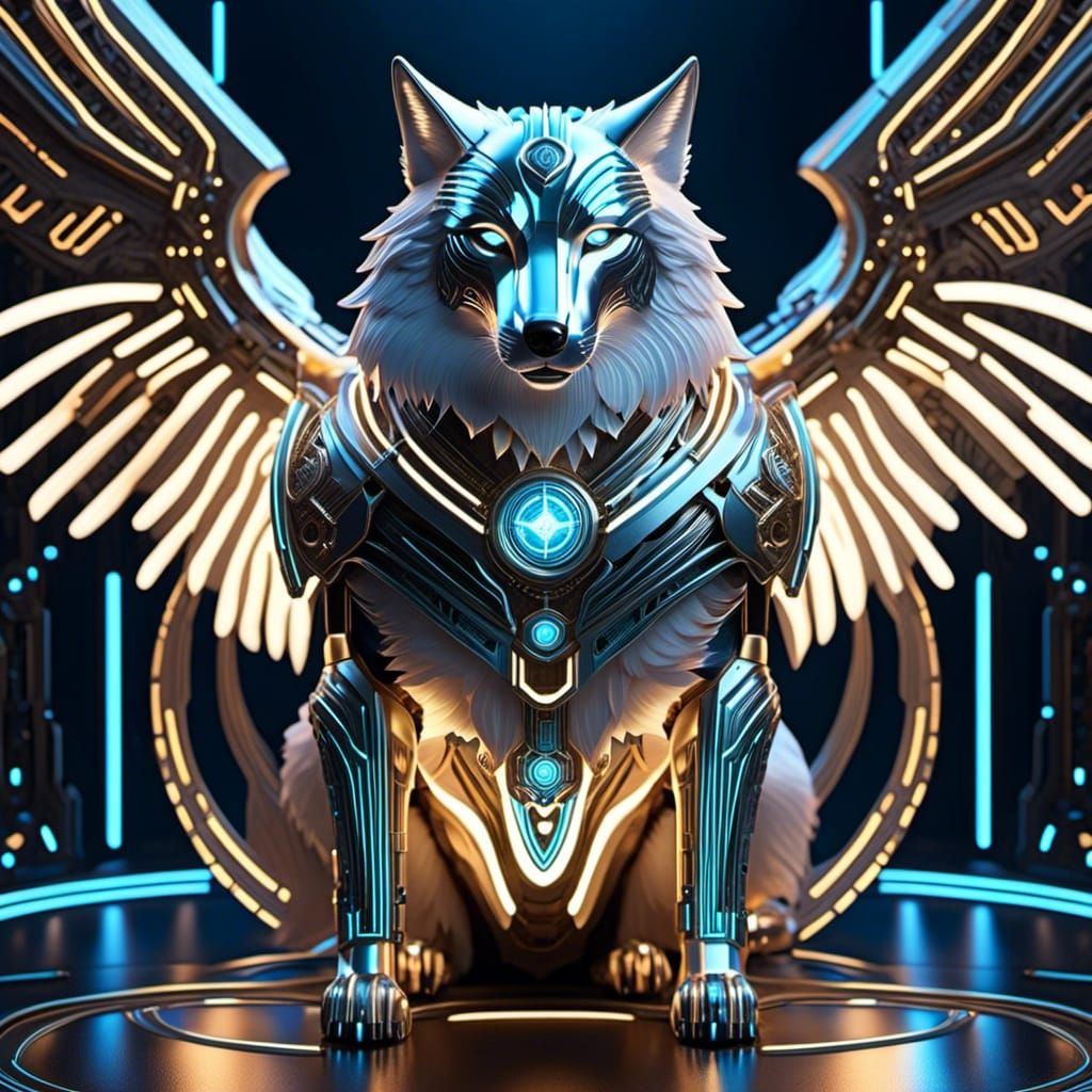 Cyber Wolf Spirit in Holographic Blueprint Design