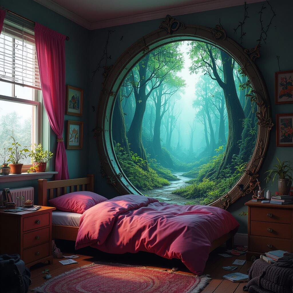 Mythical Forest Portal in Messy Bedroom, Matte Painting Styl...