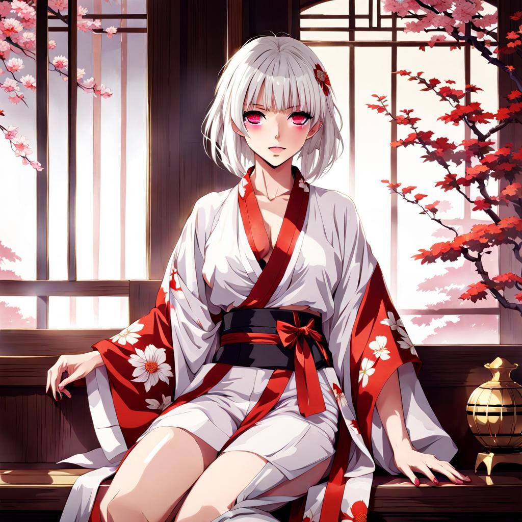 Albino Anime Girl in Kimono with Natural Lighting