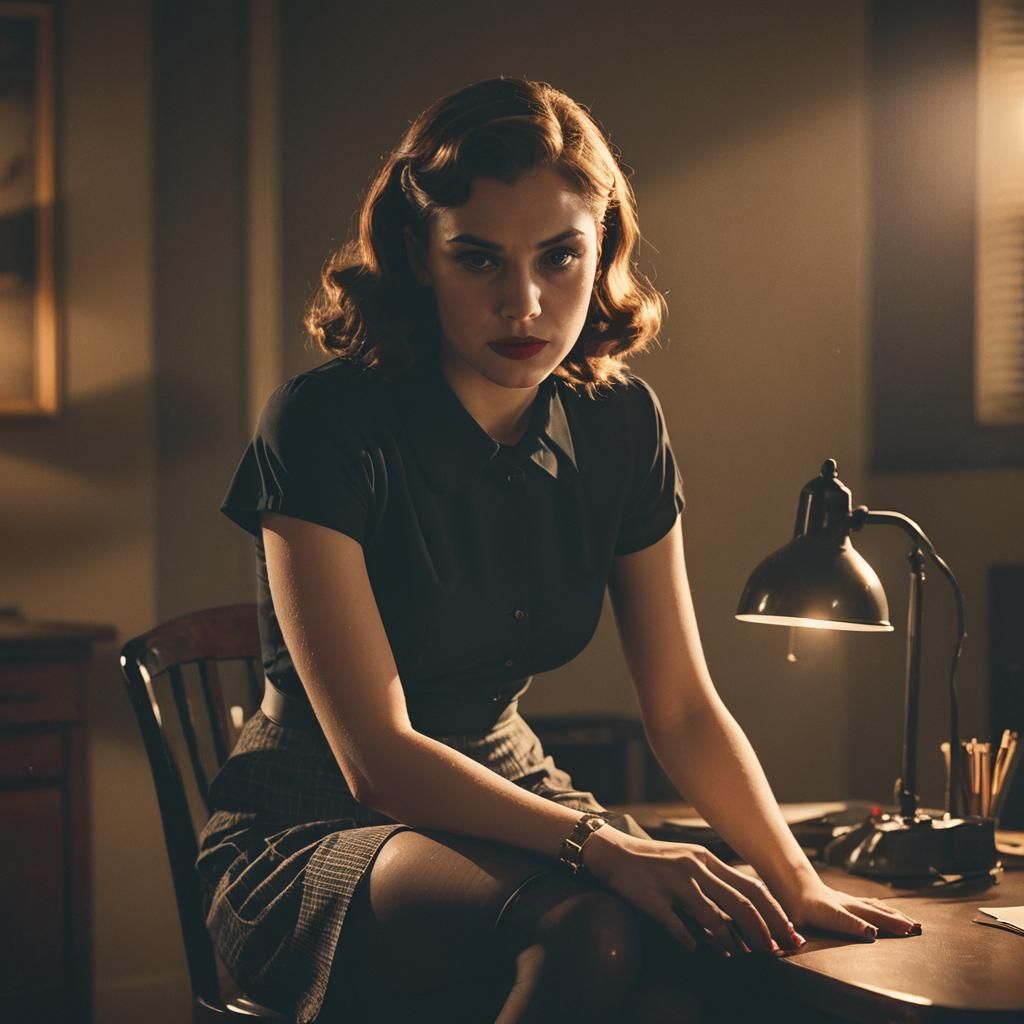 Film Noir Woman at Desk in Cinematic Lighting