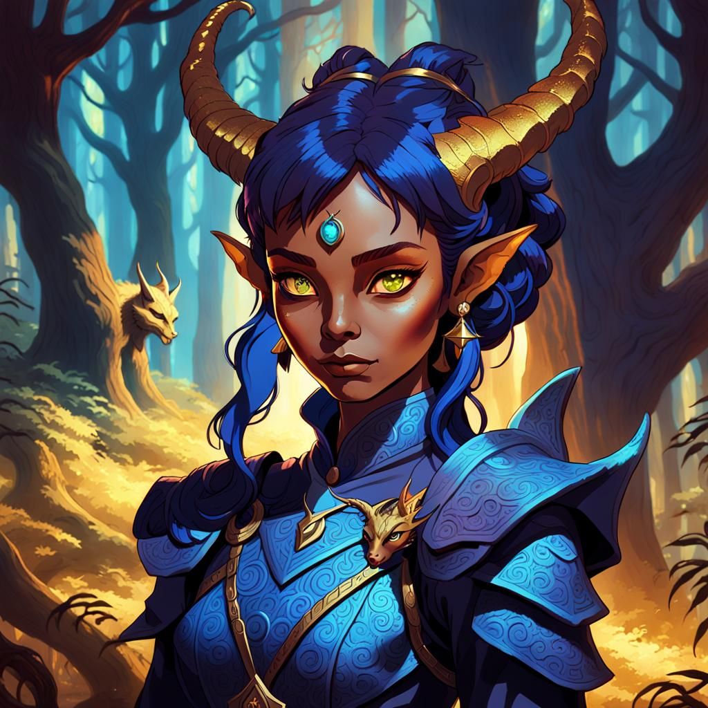 Tiefling in Mystical Forest, Fantasy Concept Art