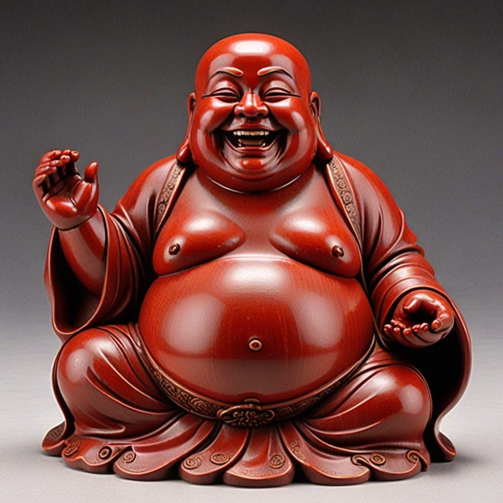 Red Wooden Laughing Buddha Figurine
