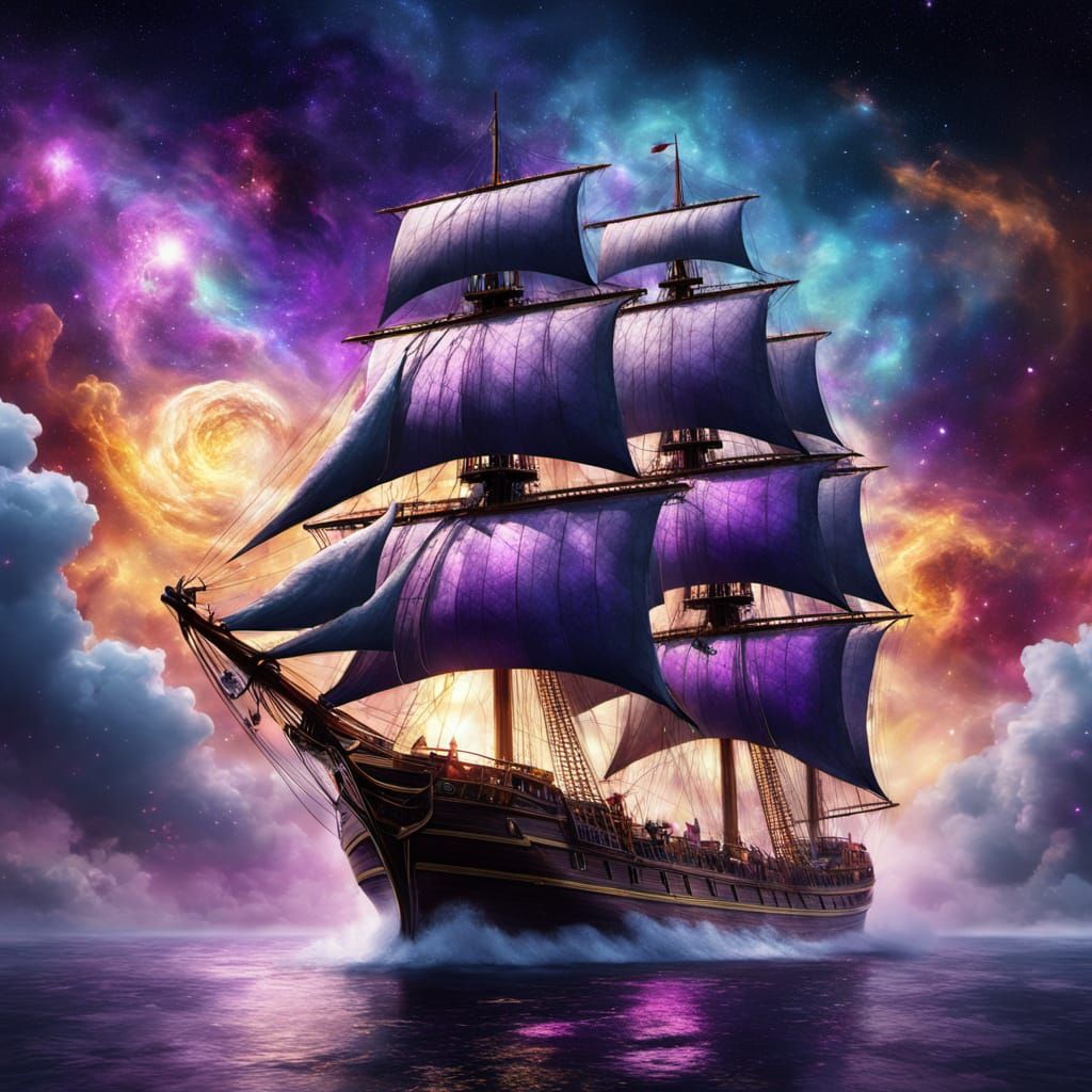Schooner Ship Sails Through Nebula in Digital Fantasy Art