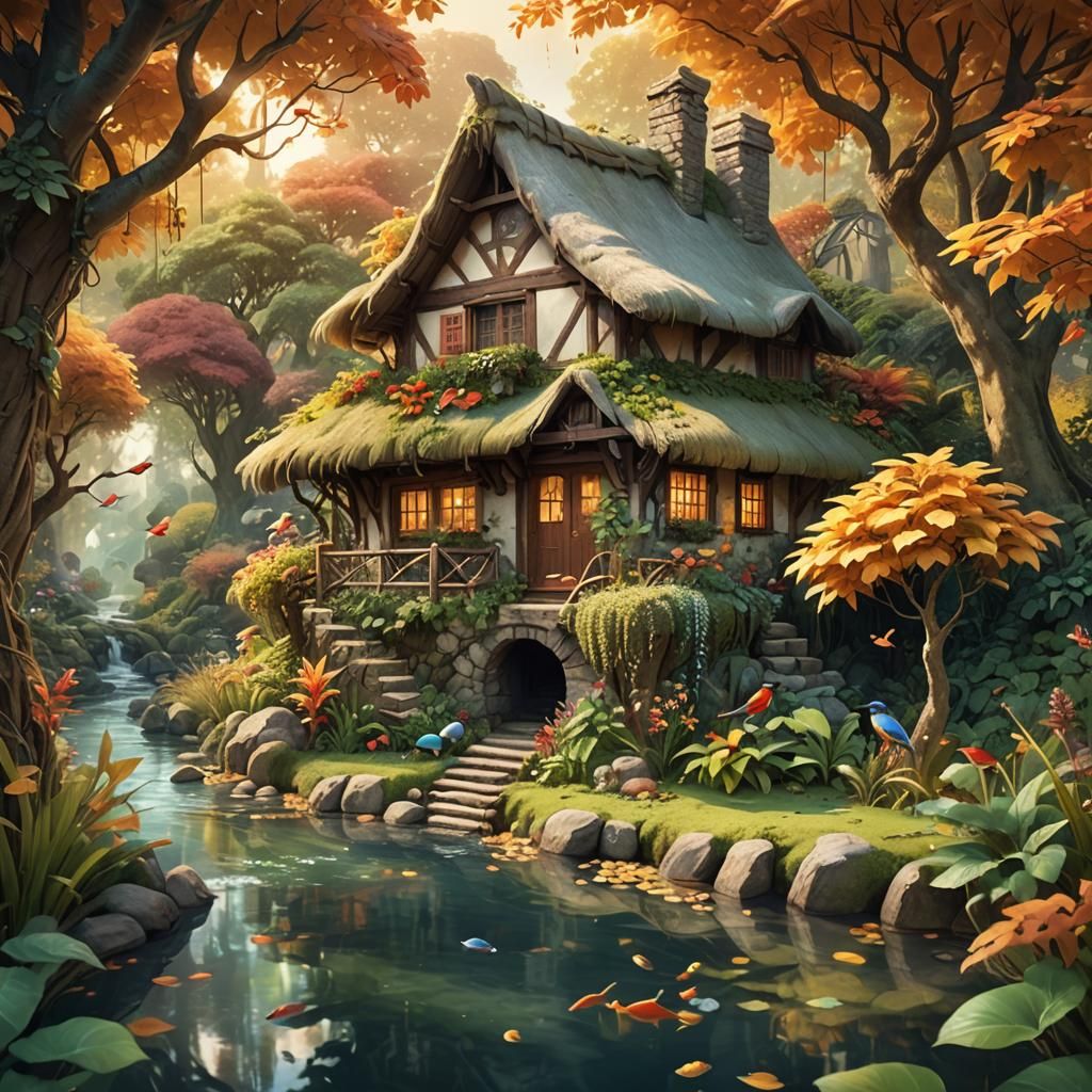 Cozy Jungle Cottage in Autumn, Fantasy Matte Painting