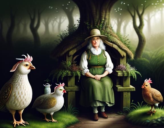 Hobbit Surrounded by Hens in Watercolor Garden