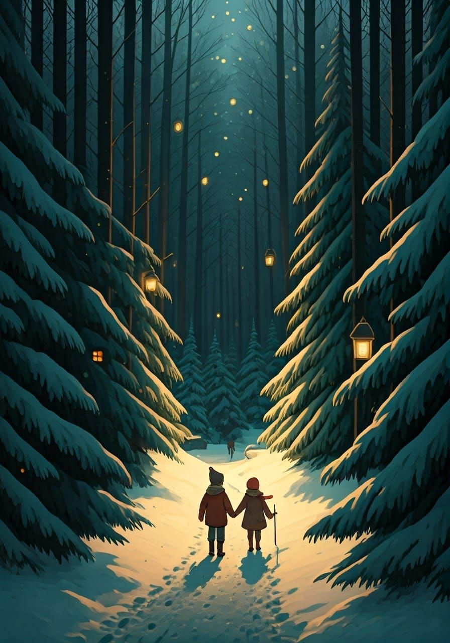 Enchanting Winter Forest Scene with Children and Lanterns