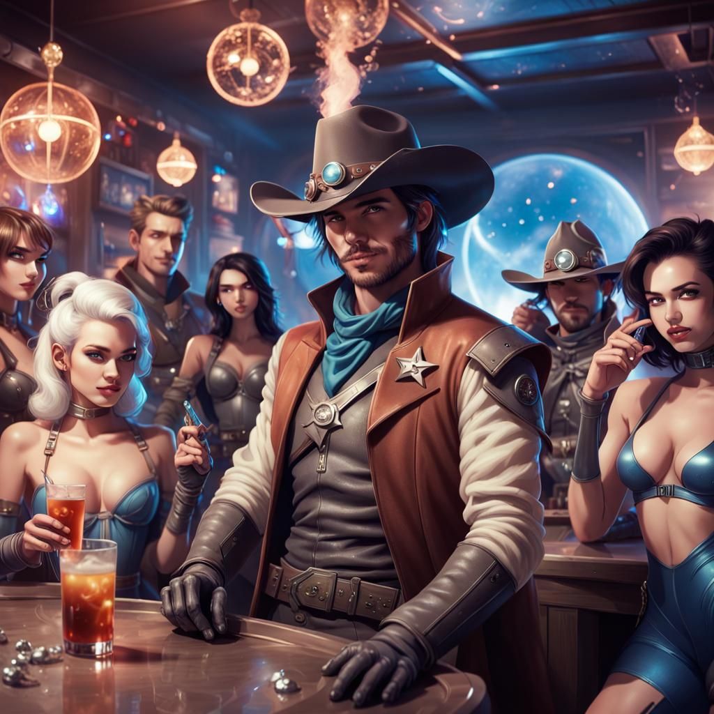 Galactic Gunslinger Chilling in Space Saloon: Photo