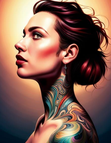 Tattooed Woman: Hyperrealistic Splash Art Portrait