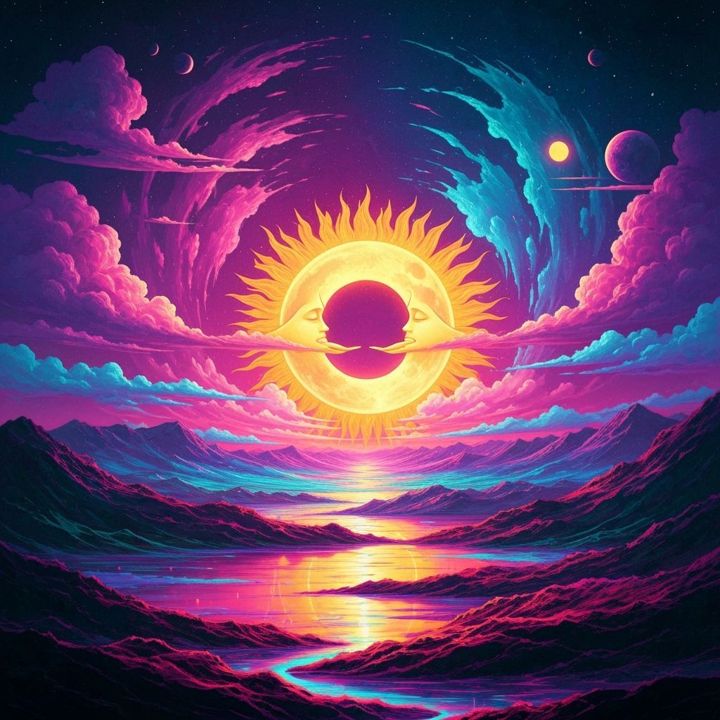 Dreamlike Sun Embracing Moon in Surreal Landscape
