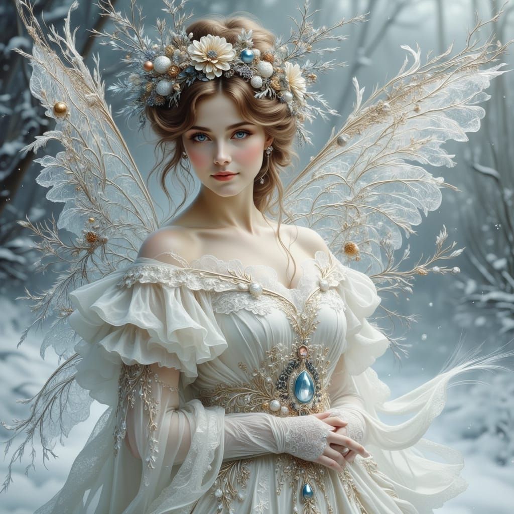 Fairy Queen in Ornate Winter Gown with Frost Crown