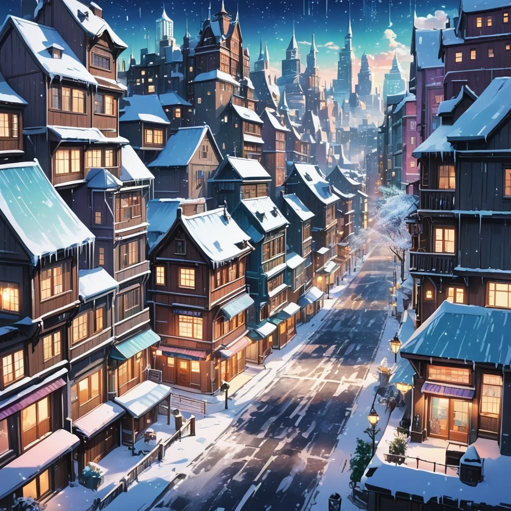 Frozen Cityscape in Anime Key Visual Style