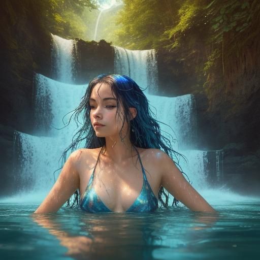 Woman with Shining Hair Swimming in Waterfalls