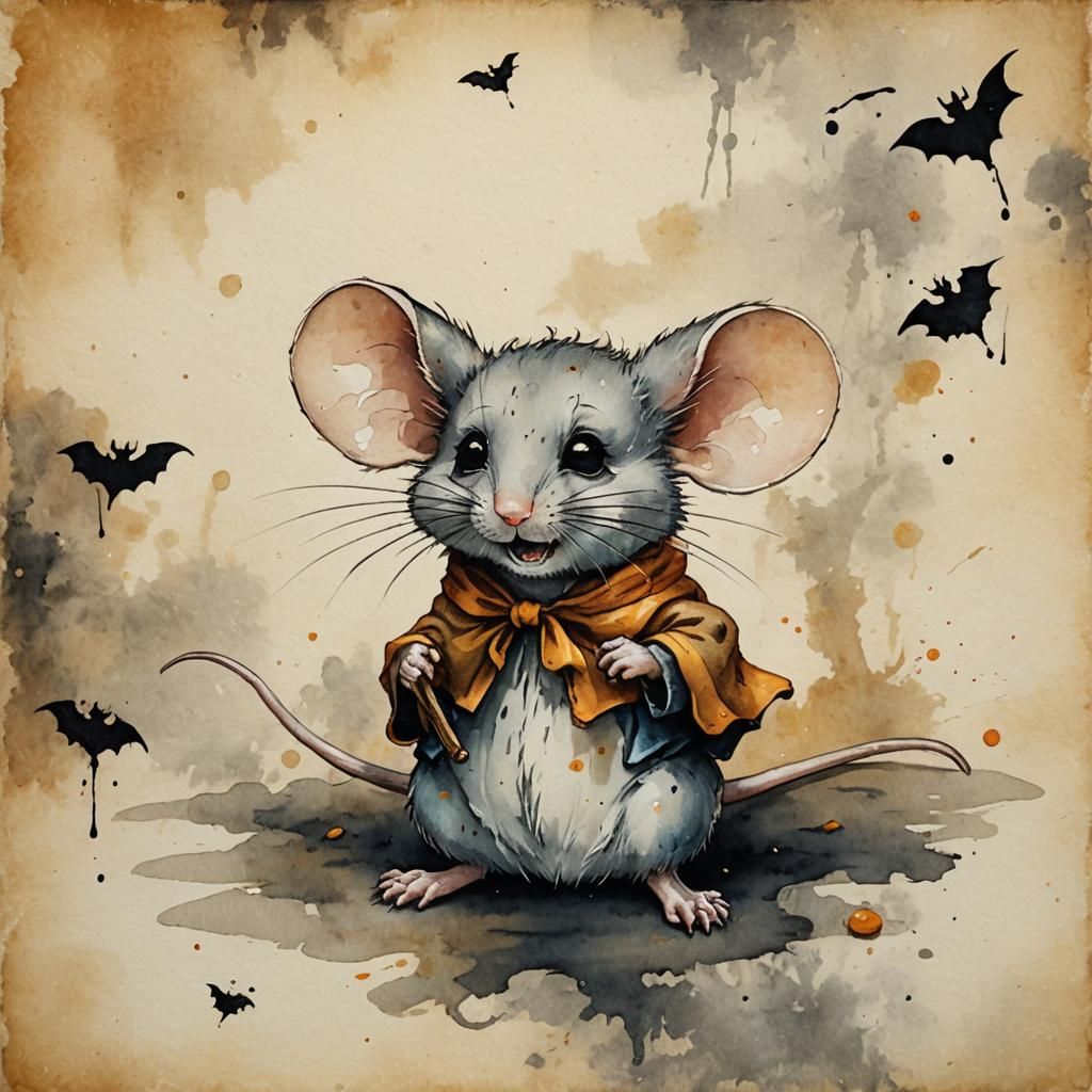 Little Mouse Ready for Halloween, Wet Wash Painting