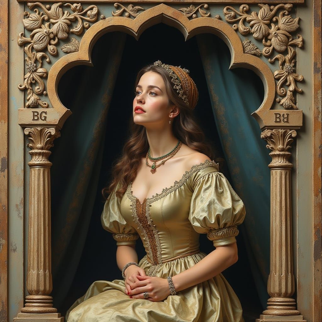 uma linda mulher persa de 25 anos nUma moldura barroca ornamentada com detalhes dourados e prateados letras metálicas “B...