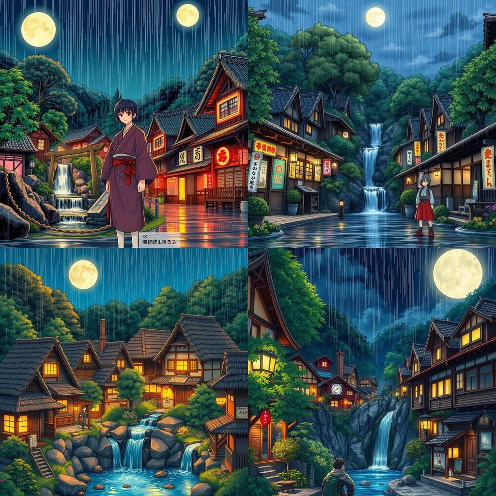 Manga Character in Rainy Village Comic Scene
