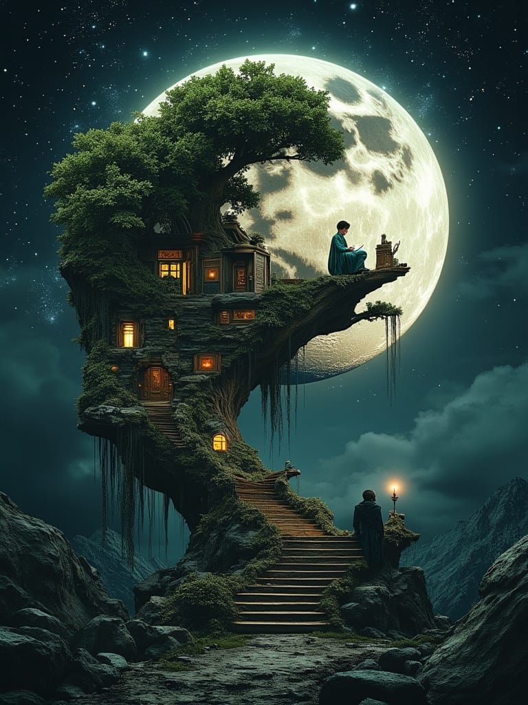 Ethereal Moonlit Library Scene with Twisted Bonsai