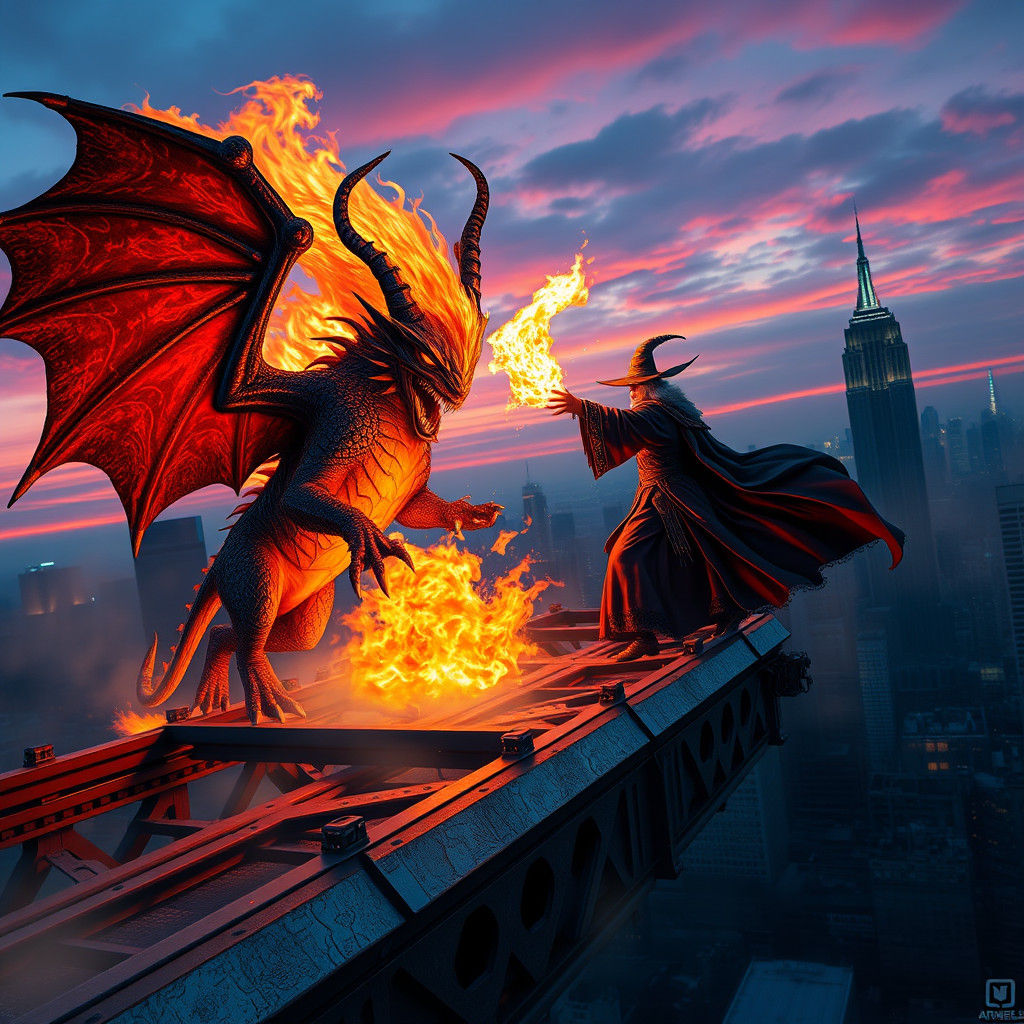 Balrog vs Wizard on Futuristic Bridge, Matte Painting