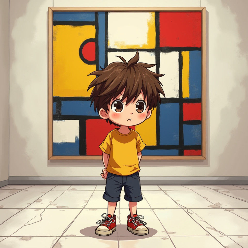 Boy Gazing at Mondrian Painting in Anime Style
