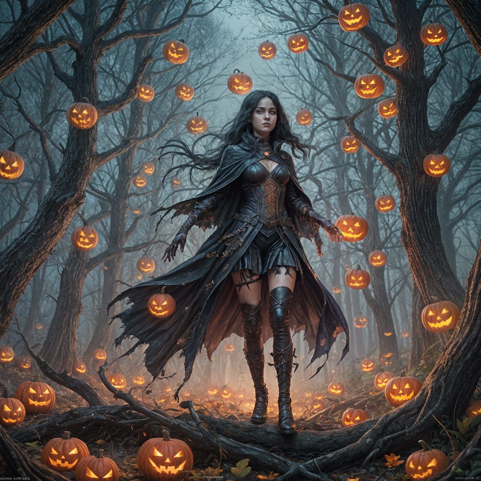 Phantom Girl in Halloween Forest: Detailed Matte Painting