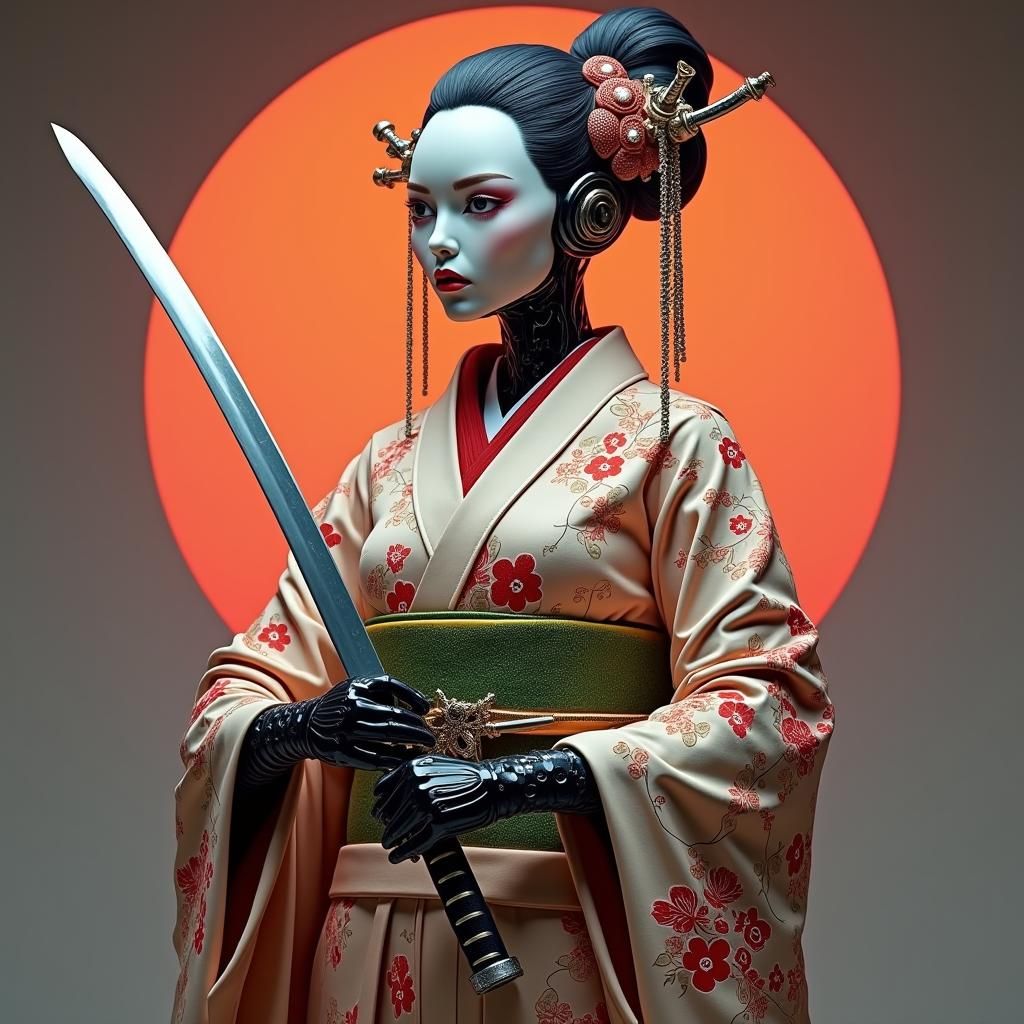 Futuristic Robot Geisha in Japanese Garden