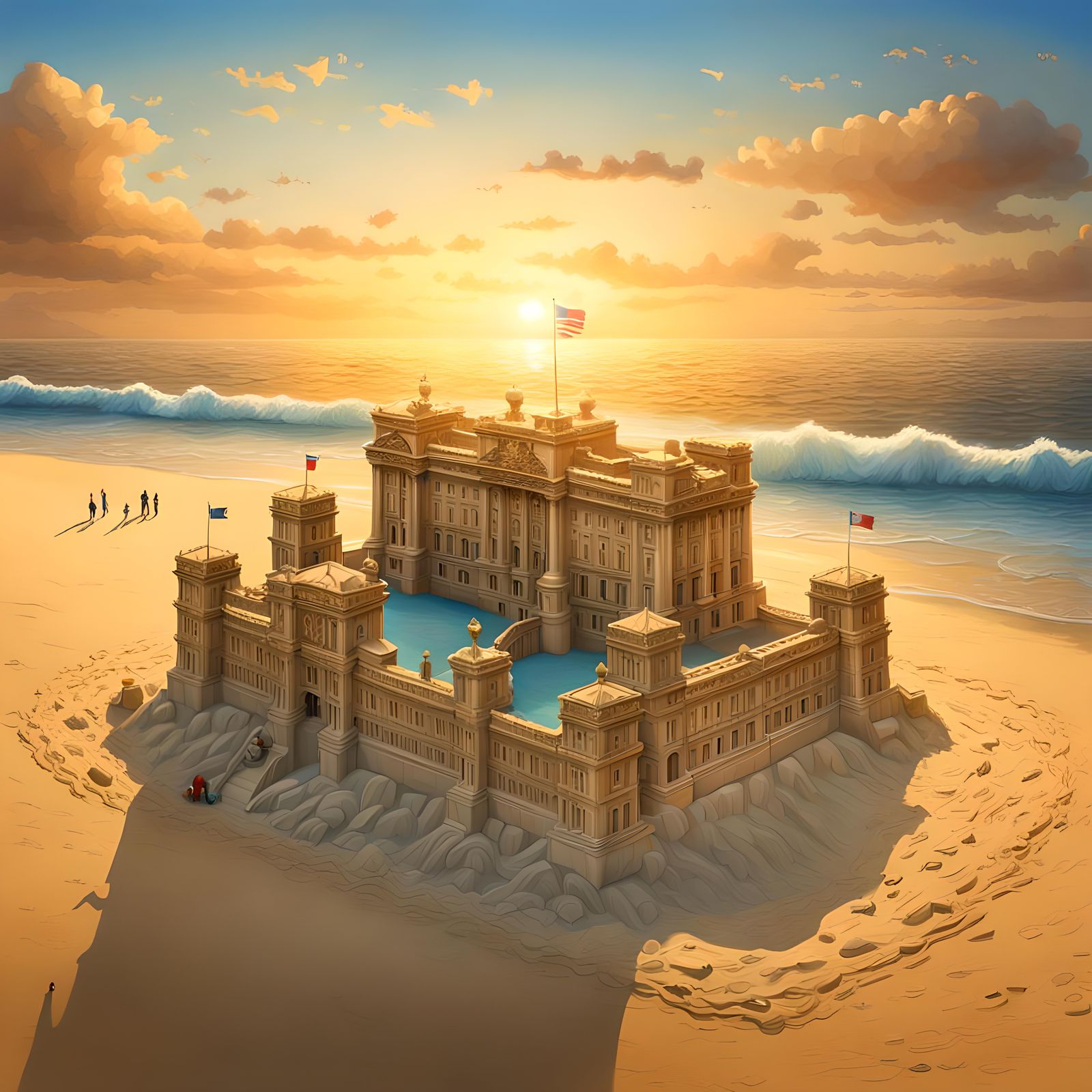 Buckingham Palace Sandcastle at Sunset: Hyperrealistic Splas...