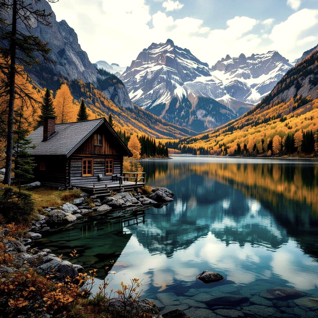 Cozy Cabin by Autumn Lake in Mountain Landscape