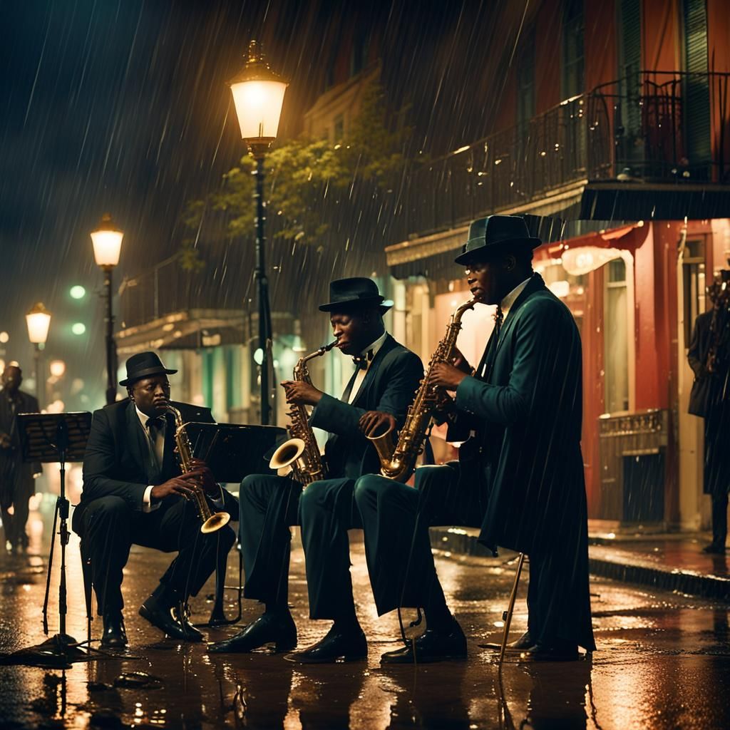 New Orleans Jazz Musicians in Rainy Film Noir