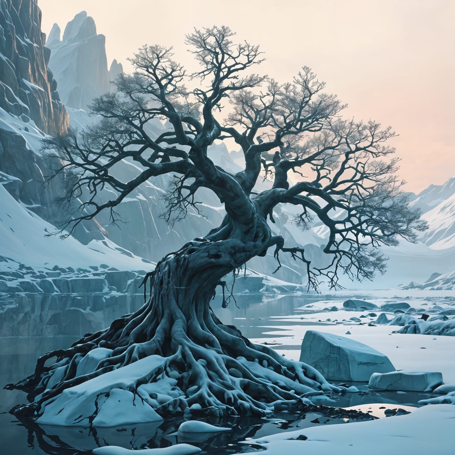 Ethereal Glacier Tree in Dreamlike Environmental Art