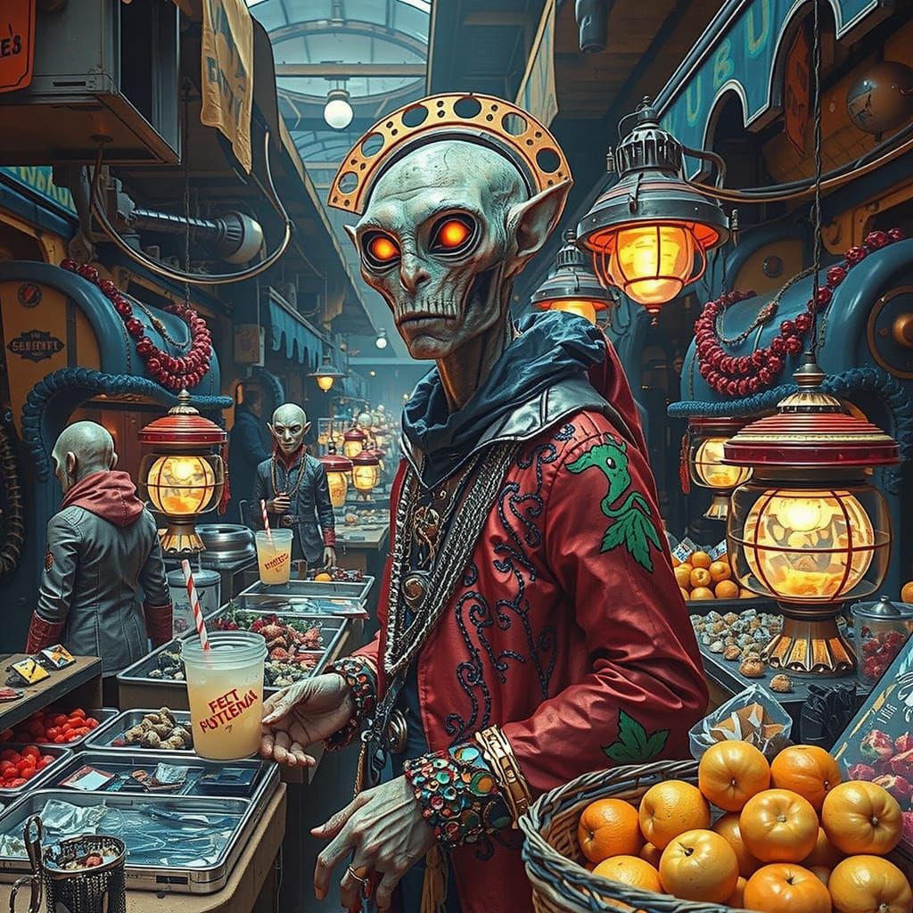 Bustling Alien Marketplace in Kaleidoscopic Environment