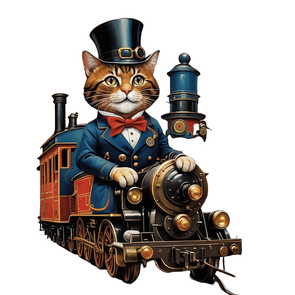 Happy Cat Train Conductor in Abstract Art