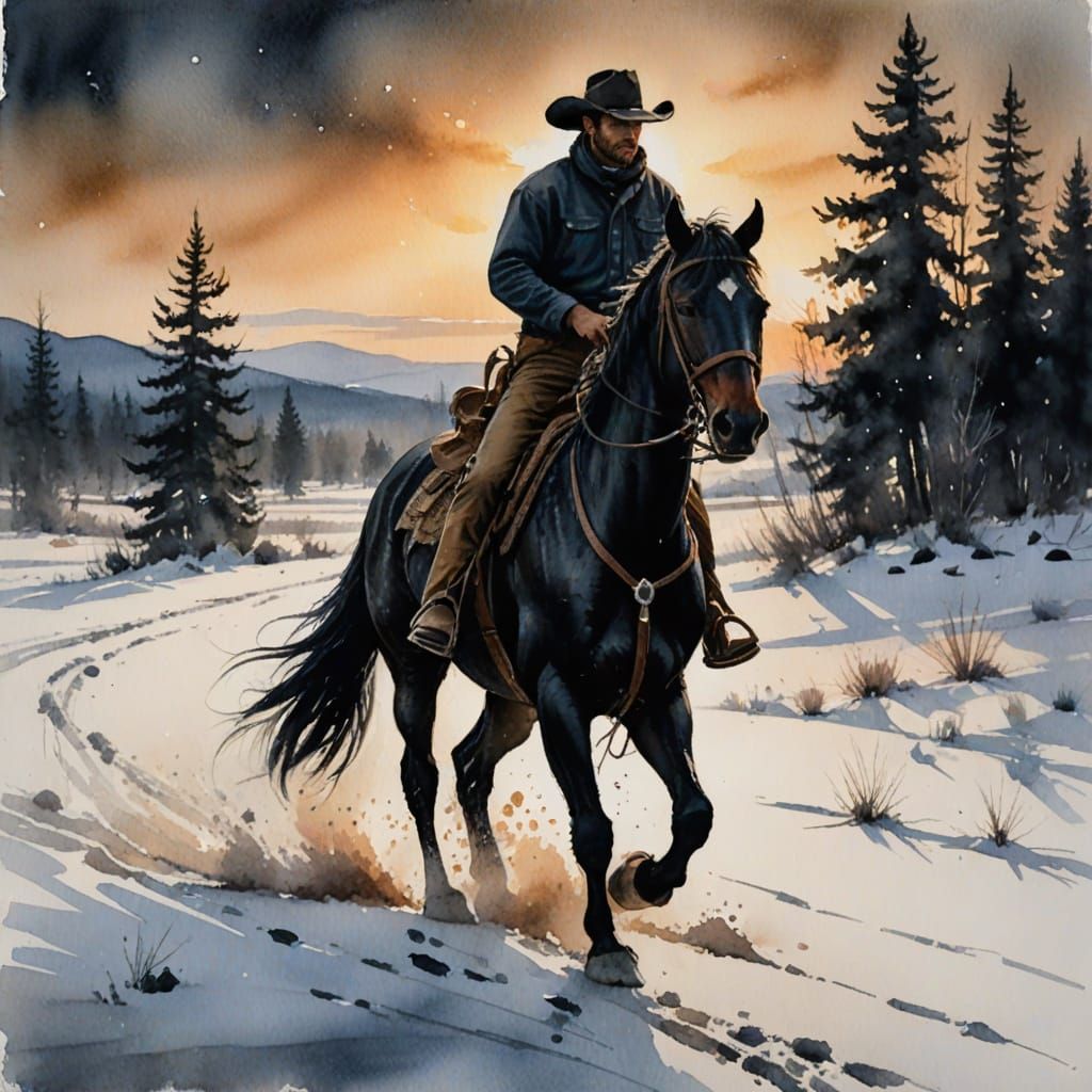 Cowboy on Black Horse in Snowy Watercolor Landscape