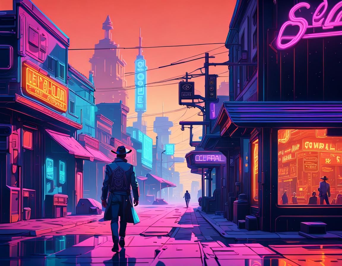Futuristic Cowboy in Cyberpunk-Western Town: Vector Art