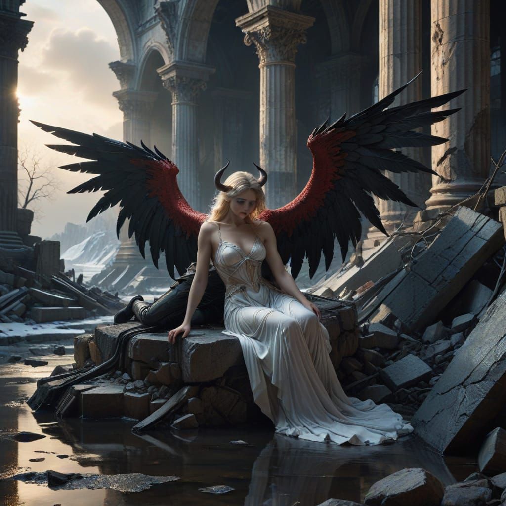 Demon Cradles Angel in Ruined Winter Landscape