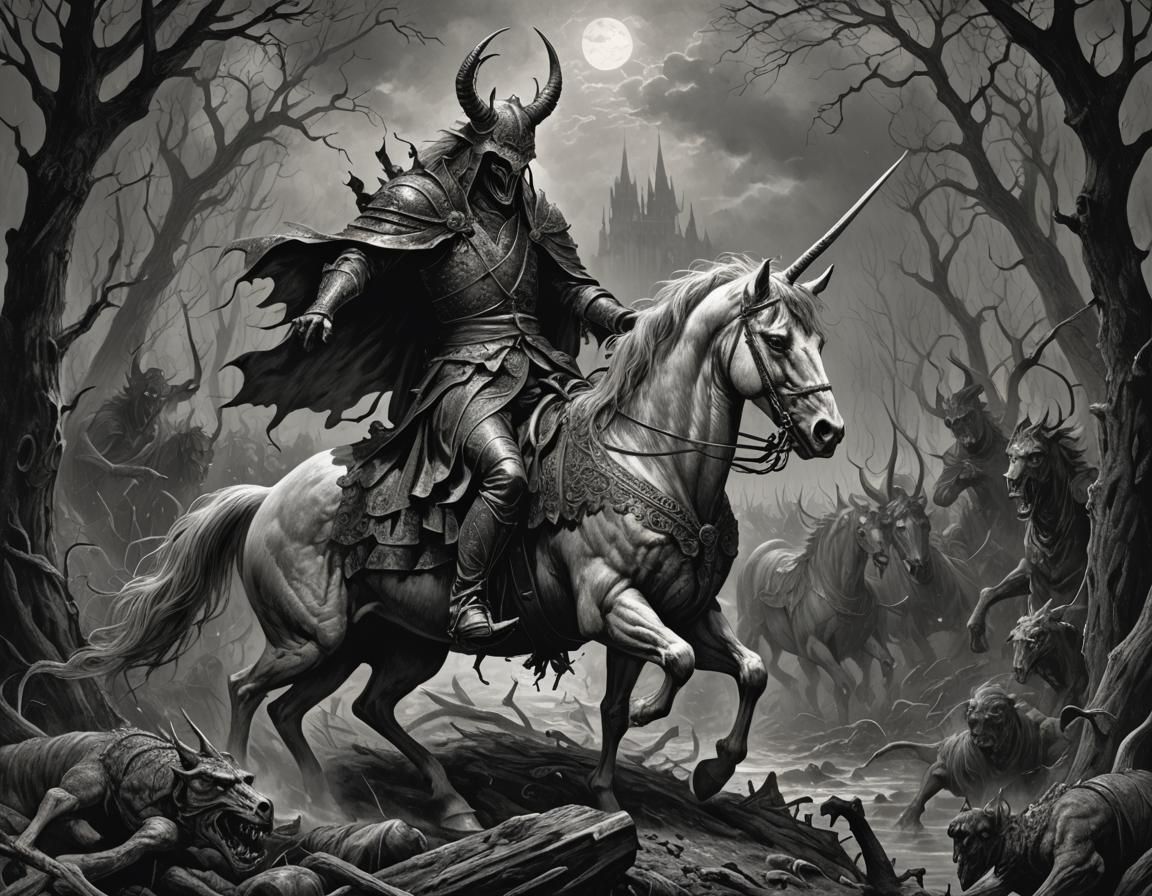 Horror Unicorn in Gustave Doré Style