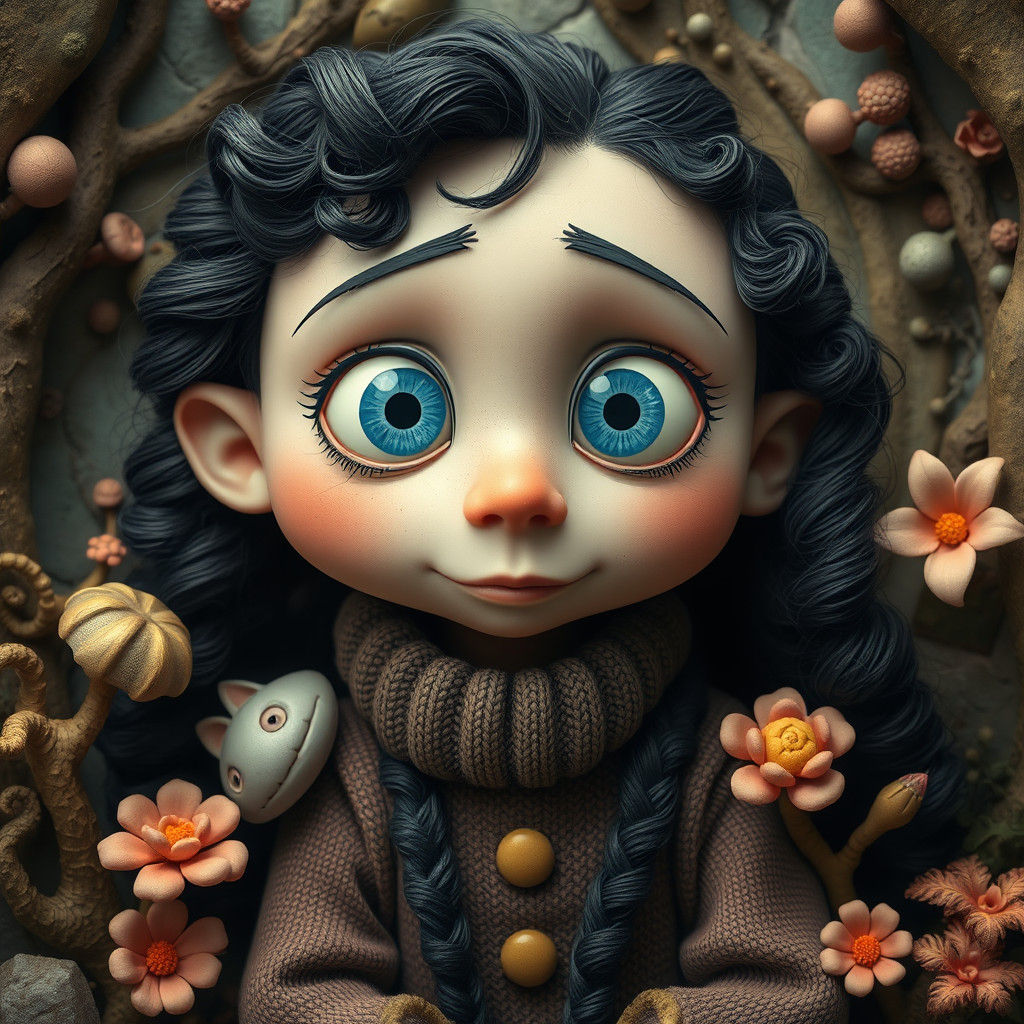 Surreal Character with Blue Eyes in Dreamlike Setting